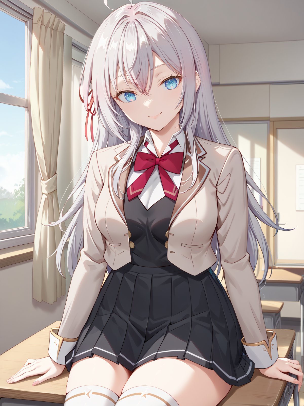 ((score_9)), ((score_8)),((looking at viewer)),smile, indoors, cowboy shot, classroom, sitting, on desk,  <lora:alya-sanV2-05:1>  ((alisa:1)), 1girl, long hair, ribbon, hair ribbon, blue eyes, grey hair, school uniform, ((blazer)),  ((Brown lapels:1.3)) shirt, white shirt, hair between eyes, bow, bowtie, long sleeves, collared shirt, skirt, pleated skirt, ahoge, red ribbon, red bow, thighhighs, black skirt, grey jacket , medium breasts, ((black vest)) <lora:add-detail-xl:1> 