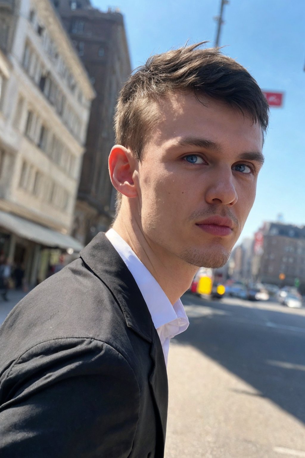 <lora:JeorgV3:1> (Jeorg), (1boy) a photorealistic candid close up portrait shot, fancy black suit and tie, tom ford suit, fully clothed, (handsome fit 20 year old twunk), muscular fit build, skinny waist, perfect subtle blue eyes, clean shaven, smooth everywhere, out for a walk in the city, RAW photo, detailed photo, gorgeous, shallow depth of field, bokeh, vibrant saturated color, volumetric lighting, iridescent skin, (surreal:0.4), hyper detailed photorealistic life-like accurate proportional 8k sharp focus, (accurate cinematic lighting), photorealistic detail, (selective focus:0.6) 