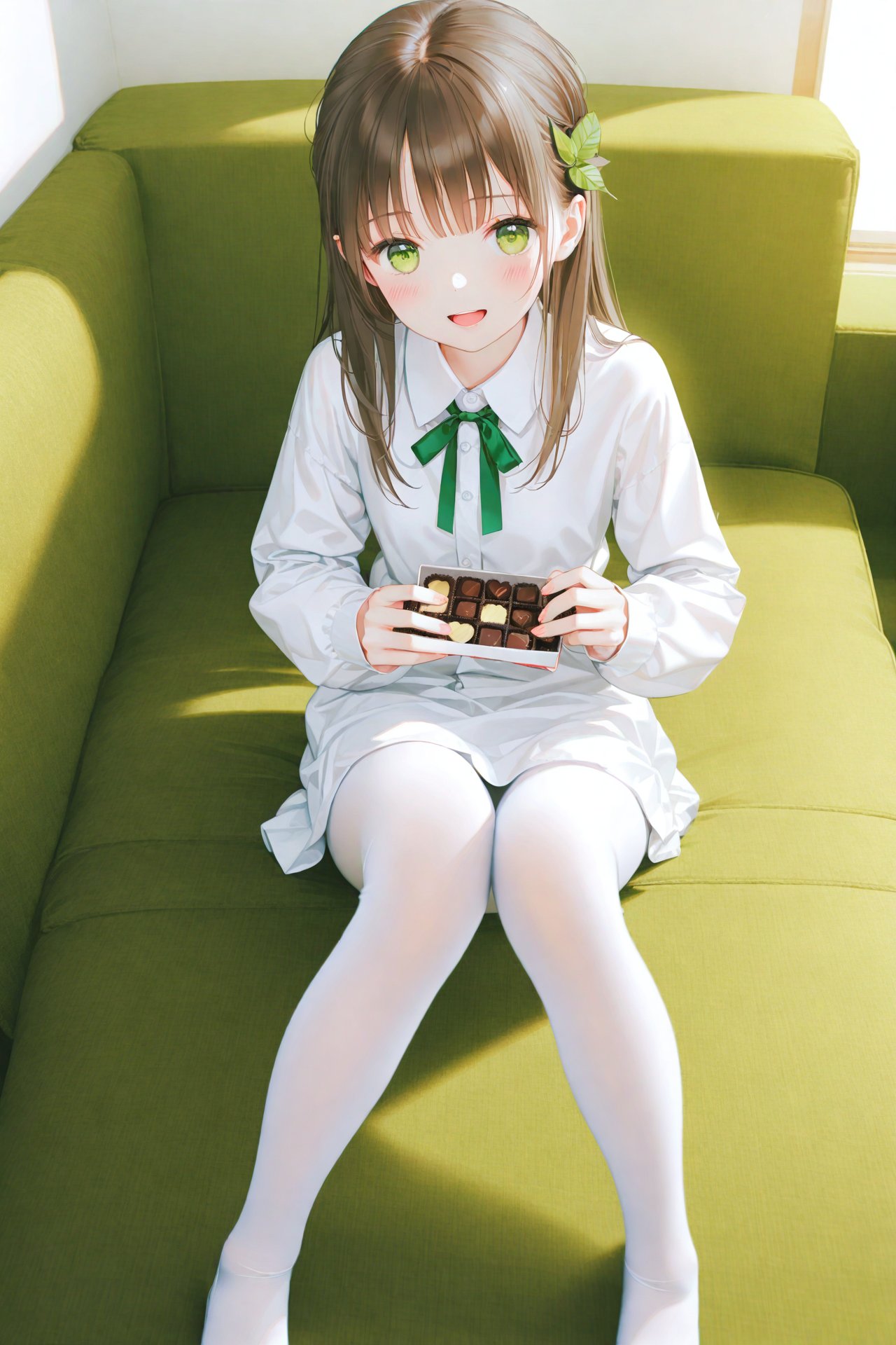 masterpiece,best quality,illustration,ultra detailed,hdr,Depth of field,(colorful),[iumu],[Artist chen bin],Artist himitsu_(hi_mi_tsu_2),1girl,solo,hair_ornament,pantyhose,sitting,long_hair,green_eyes,looking_at_viewer,brown_hair,dress,open_mouth,shirt,white_shirt,white_pantyhose,indoors,no_shoes,blush,long_sleeves,bangs,chocolate,bow,leaf_hair_ornament,couch,box,food,holding,valentine,dated,from_above,breasts,smile,collared_shirt,