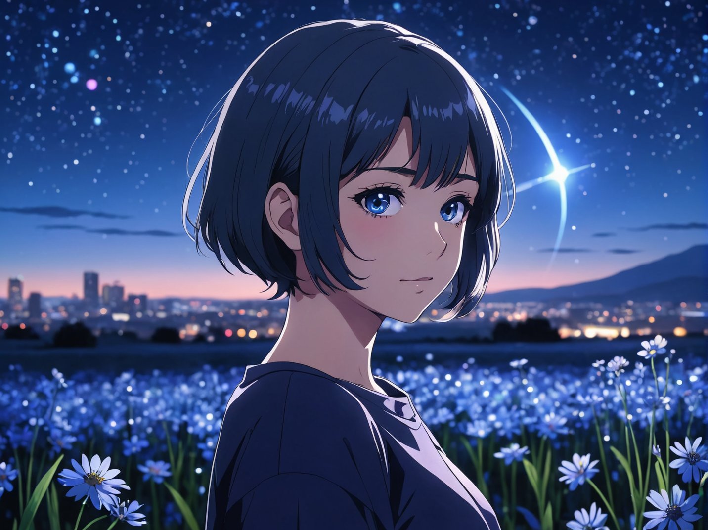 anime girl, night, blue light behind her,  ((Galaxy, Lens flare)), short hair, flower field, night sky, cinematic shot. Wallpaper. (Blue color schema), detailed background, a city in the distance