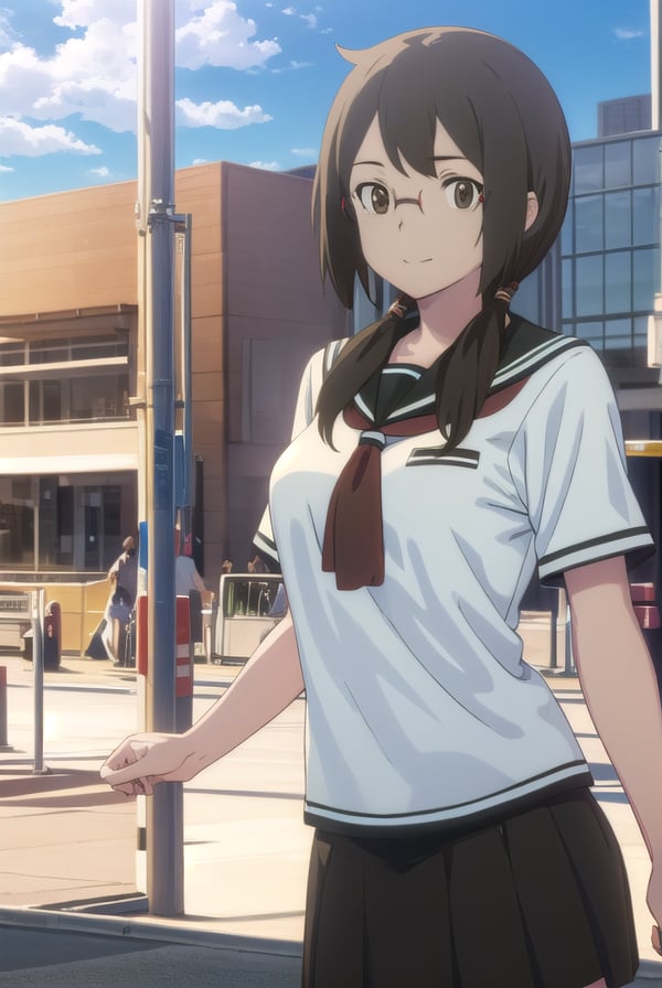 kotohaisone, <lora:kotoha isone hnu-lora-nochekaiser:1>,kotoha isone, brown hair, twintails, (brown eyes:1.5), glasses, smile,BREAK skirt, school uniform, serafuku,BREAK outdoors, city, sun, clouds,BREAK looking at viewer, (cowboy shot:1.5),BREAK <lyco:GoodHands-beta2:1>, (masterpiece:1.2), best quality, high resolution, unity 8k wallpaper, (illustration:0.8), (beautiful detailed eyes:1.6), extremely detailed face, perfect lighting, extremely detailed CG, (perfect hands, perfect anatomy),