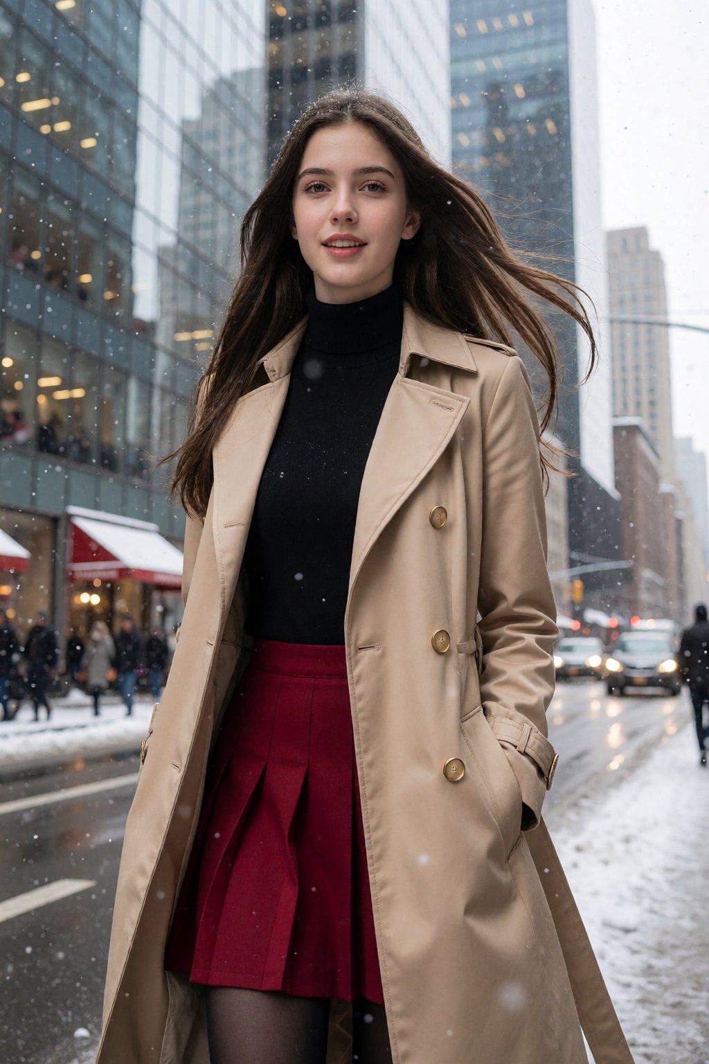 This is a high-resolution photograph of a young Caucasian woman standing on a bustling city street,  with snowflakes gentl...