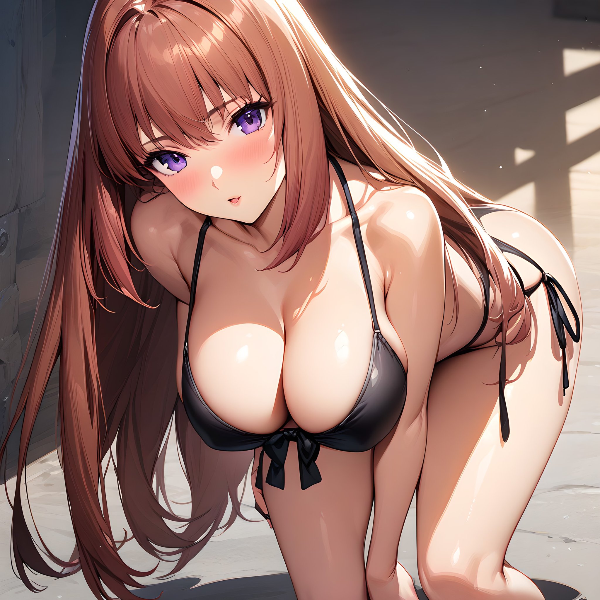 (masterpiece),(best quality),(ultra-detailed),(best illustration),(best shadow),(absurdres),(detailed background),(very aesthetic),  elhaym_van_houten, 1girl, solo, swimsuit, bikini, long hair, breasts, food, purple eyes, large breasts, cleavage, black bikini, side-tie bikini bottom, pink hair, bent over, very long hair, brown hair, <lora:Elhaym_van_Houten_-_Xenogears:1>