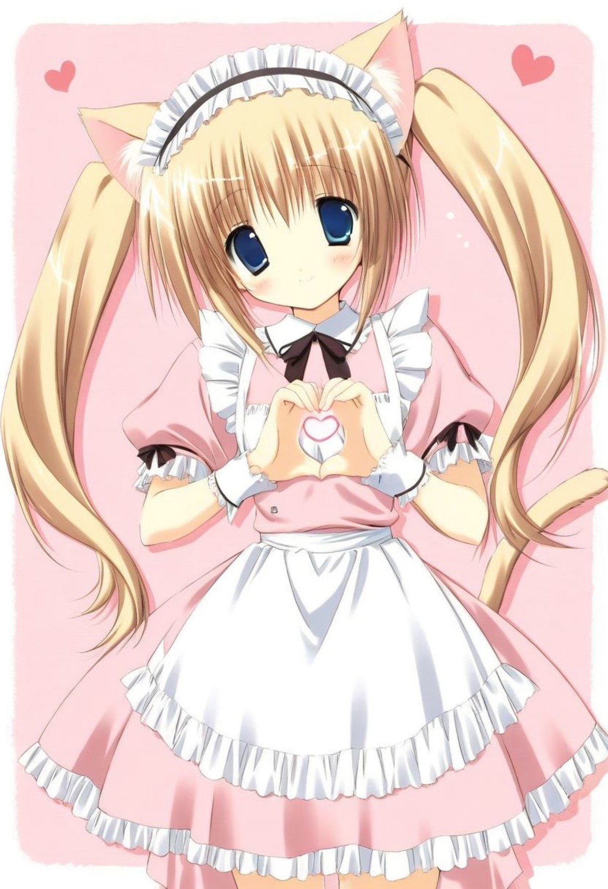 cute, kawaii, 2000s anime, moe anime, 2000s anime style, moe anime style, 1girl, cute anime girl, kawaii anime girl, blonde hair, blue eyes, twintails, cat ears, cat tail, cute pink maid dress, kawaii pink maid dress, headband, heart-shaped hands, closed mouth, cute smile, looking at viewer