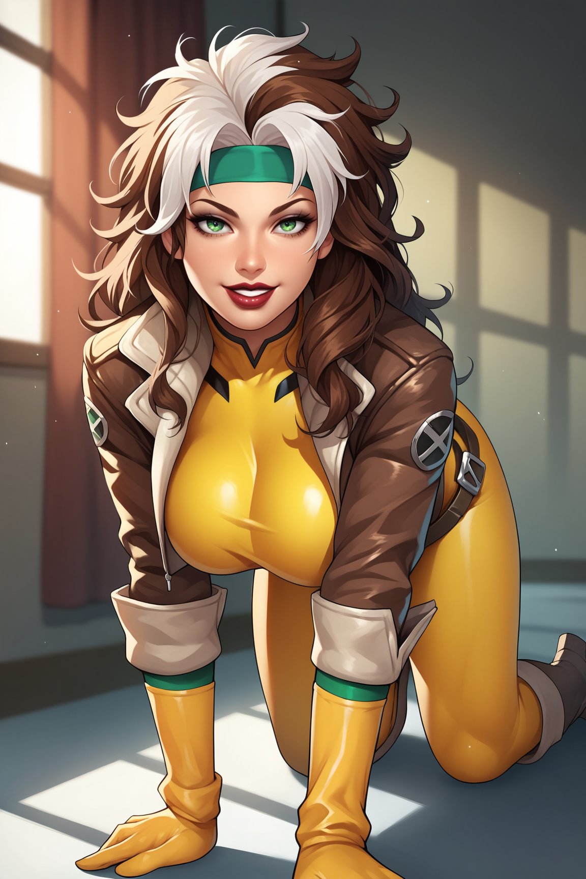 score_9, score_8_up, score_7_up, score_6_up, score_5_up, score_4_up, RogueXMXL, green eyes, lipstick, brown hair, two-tone hair, long hair, messy hair, headband, big breasts, cropped jacket, brown jacket, yellow bodysuit, gloves, belt, boots, all fours, seductive smile, looking at viewer, indoors <lora:RogueXMXL:0.7>