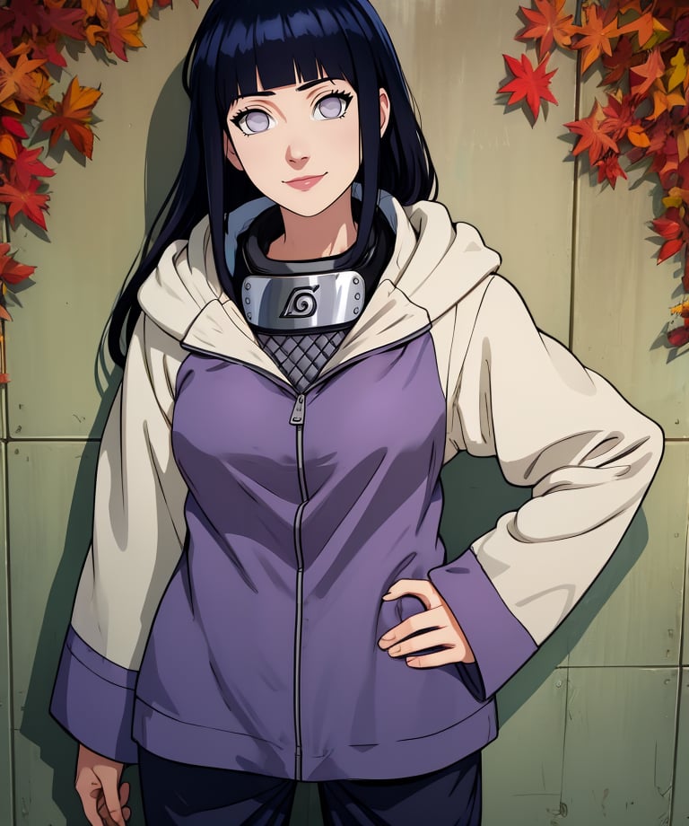 Hinata,black hair,blunt bangs,no pupils,grey eyes,long hair,long sleeves,konohagakure symbol,jacket,forehead protector around neck,hood down,pants,light smile,solo,village,(insanely detailed, masterpiece, best quality,),<lora:HinataShip:0.9>,