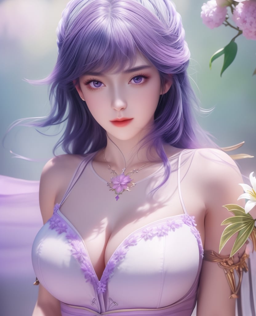 <lora:斗罗大陆-唐舞桐-海神缘:0.8> (,1girl, ,best quality, ),looking at viewer,  ,ultra detailed 8k cg,ultra detailed background,ultra realistic 8k cg,1girl, solo,(bare shoulders:0.85),(masterpiece, best quality),((oil painting style)),sexy young lady,(beautiful face and eyes),(upper body:1.5),(whole body:1.05),(single person:1.2),surrounded by flowers, (lily), roses, floret, vegetation, white, purple, purplish pink,Impressionism,colorful,(Breast size:1.3),(cleavage),