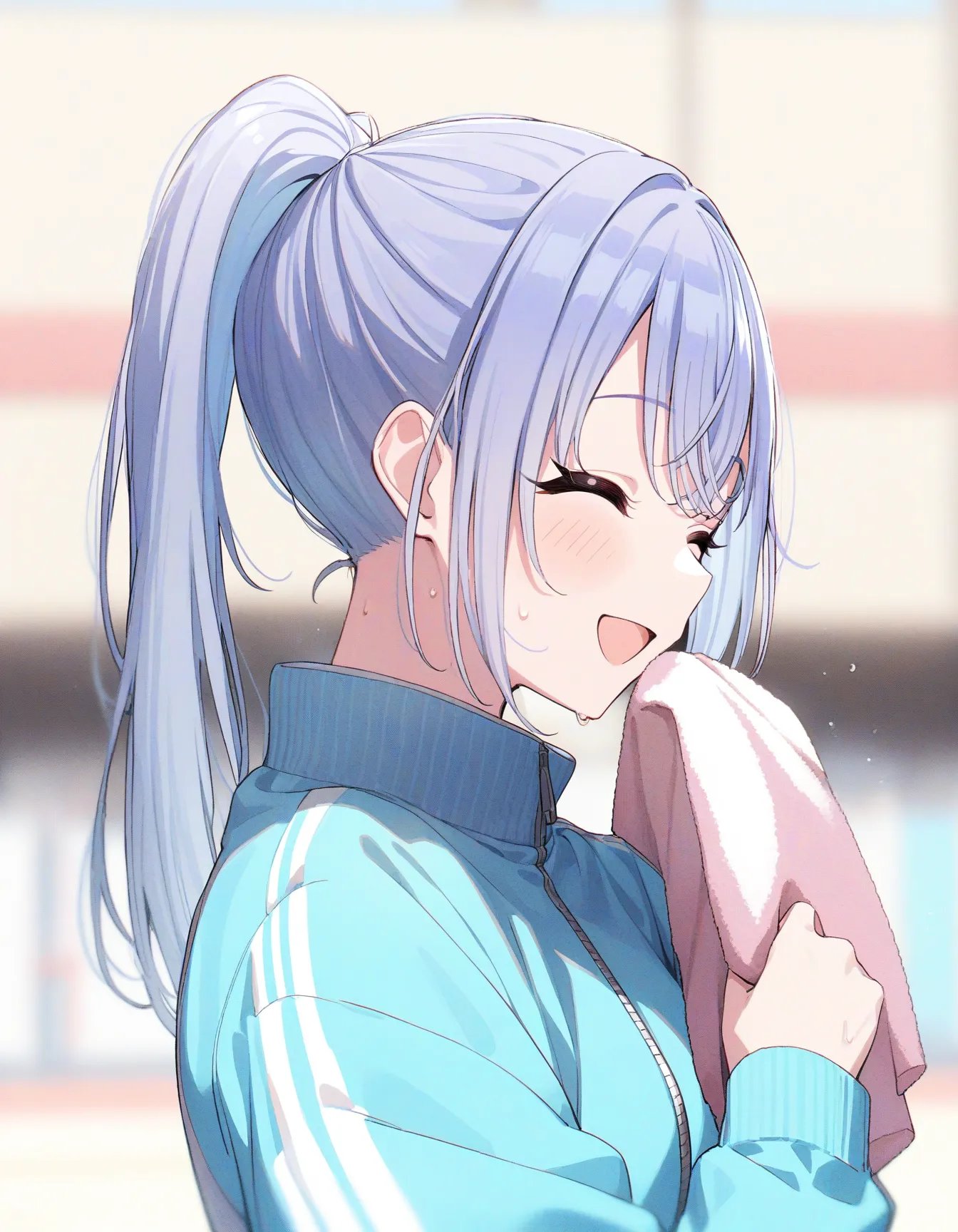 h_suzuki, 1girl, solo, closed eyes, ponytail, smile, open mouth, bangs, blush, sweat, from side, jacket, long hair, upper body, :d, blue jacket, track jacket, ^_^, blurry, blurry background, portrait, towelmasterpiece, best quality, very aesthetic, absurdres <lora:a31_h_suzukiXL:1>