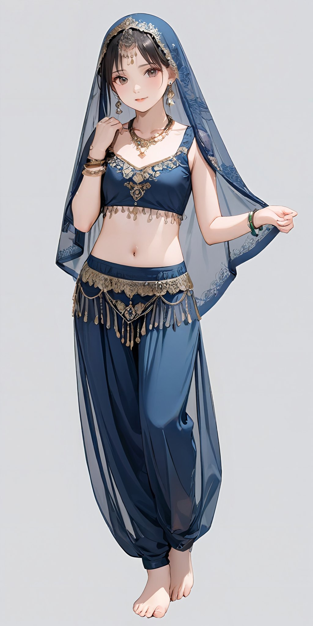 masterpiece,ultra-detailed,best quality,,8K,illustration,simple background,girl,cowboy shot,cute face,<lora:add-detail-xl:1> <lora:berry dance_XL_V1.0:0.4> jyojifuku, veil, bracelet, earrings, necklace, see-through,navel,pants,barefoot