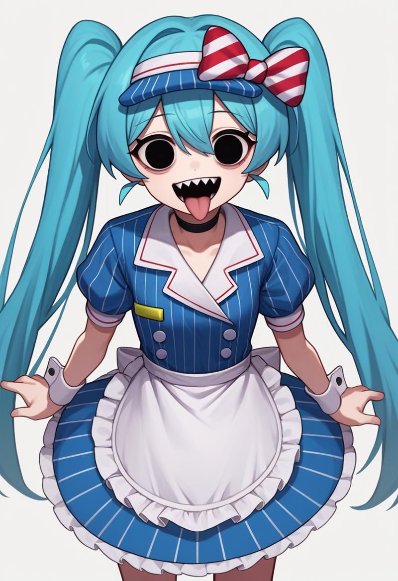 score_9, score_8_up, score_7_up, source_anime, solo, 1girl, mesmerizermiku, sharp teeth, crazy smile, looking at viewer, tongue out, twintails, hair bow, striped bow, visor cap, black eyes, empty eyes, frills, blue dress, vertical-striped dress, buttons, puffy short sleeves, wrist cuffs, waist apron, frilled apron, black choker <lora:vocaloid_mesmerizermiku_ponyXL:1>