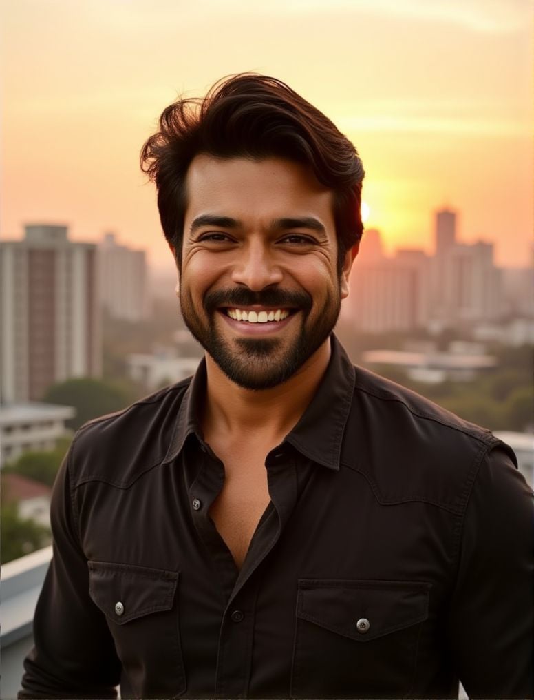 ram charan ,  In the heart of a bustling city,  under the soft glow of a golden hour sunset by HottiesnHotties on Tensor.Art