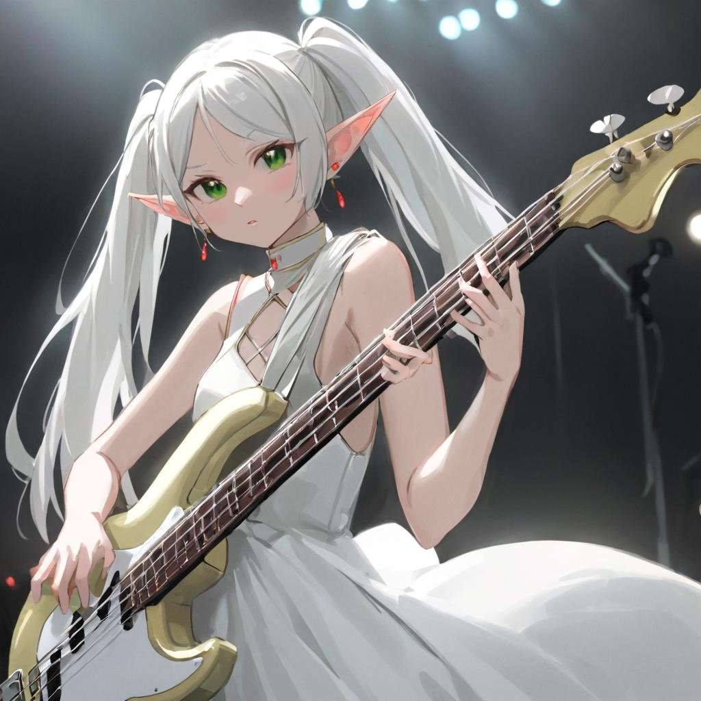 realistic, cinematic, (detailed), (highly detailed),  a elf woman with twintails and red earrings wearing sleeveless pure white dress playing bass on live, frieren, white hair, green eyes, long hair, pointy ears, parted bangs <lora:frieren_dim4-000005:1>