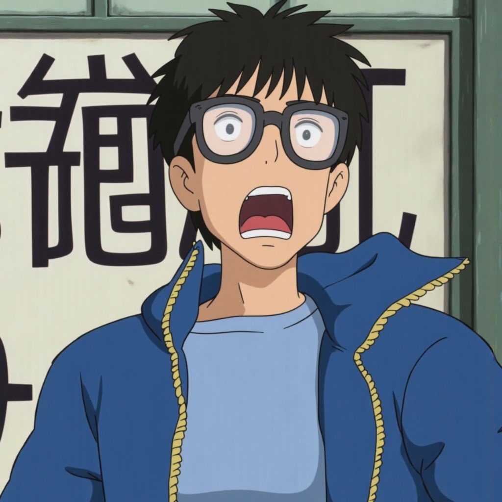 ghiblify anime scene of a young man wearing glasses, a blue jacket, and a blue shirt with a zipper. He is opening his mouth wide and appears to be yawning. The man is standing in front of a sign with Asian writing on it. The scene is drawn in the style of a Studio Ghibli anime.