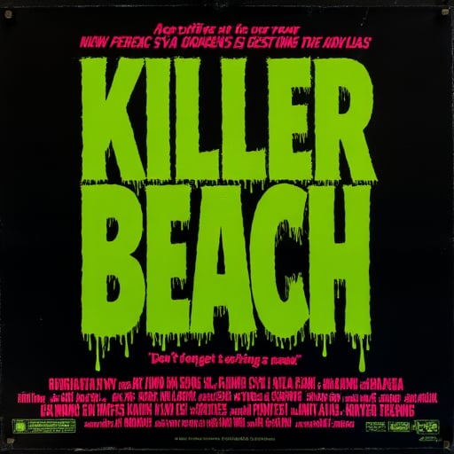 a movie poster about a horror film, the text appears gooey or dripping, the letters are green, Letters at the bottom are the title "Killer Beach" with tagline that reads "Don't forget to bring a towel"