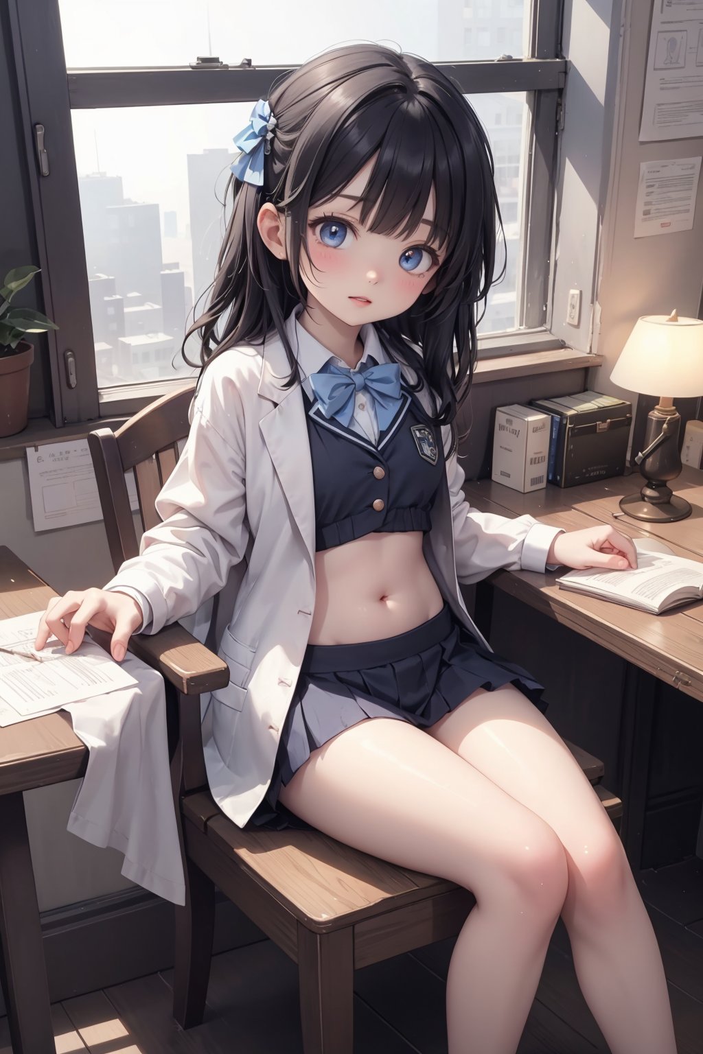 (full body:1.2),(navel:1.2),extremely detailed face and eyes,extremely beautiful and delicate face and eyes,fluttered detailed splashes,extremely detailed CG unity 8k wallpaper,amazing,highly detailed(loli),white gloves,((scientist,high technology)),(white school uniform),black cloak,commander,(sitting on a chair),circuit board,electronic components,electric arc,spark,(doing experiments),(white shawl hair),kawaii,expressionlesscute face,beautiful detailed eyes,stare,blush,(glowing red and blue pupil),indoor,The tables and chairs are by the window,The table is full of books. Sitting on the chairs,it is night outside the window,raining,Flask,test tube,alcohol lamp,book,table,barefoot,bare legs,