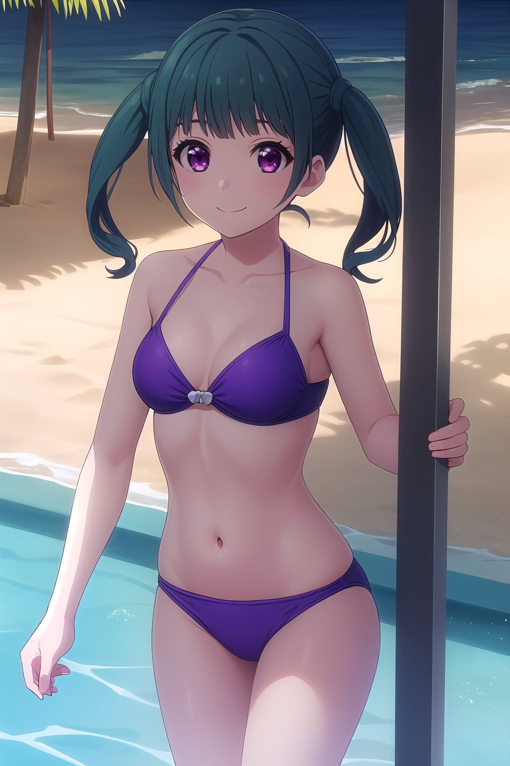 (masterpiece, best quality), highly detailed background, perfect lightingbest quality, mizusawaayaka, solo, outdoors, beach, aqua hair, twintails, blunt bangs, long hair, sidelocks, purple eyes, medium breasts, purple bikini, swimsuit, smile, closed mouth, :), <lora:Mizusawa-Ayaka:0.7>