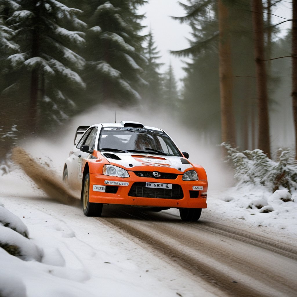 A rally car speeding through a snowy forest during a race, with snow flying from the tires and trees whizzing by in the background. The co-driver reads the map intently while the driver, fully concentrated, expertly handles the slippery turns and icy conditions.