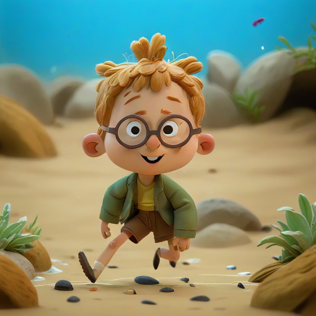 a Israeli boy nerd, Tumbling in Intertidal Zone, macro, micro, depth of field, cinematic,  color grading <lora:RealisticCartoon_0.2:1> 