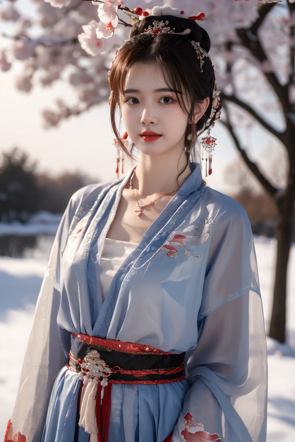 masterpiece, best quality, realistic, 1girl, gufeng style, solo, looking at viewer, black hair, hair ornament, jewelry, earrings, necklace, hair bun, blurry, lips, chinese clothes, cowboy shot, realistic, red lips, outdoors, day, sky, cloud, tree  <lora:Tensorxy_Gufeng_BD_LoRA_v1:0.65:lbw=CLOTHING> 