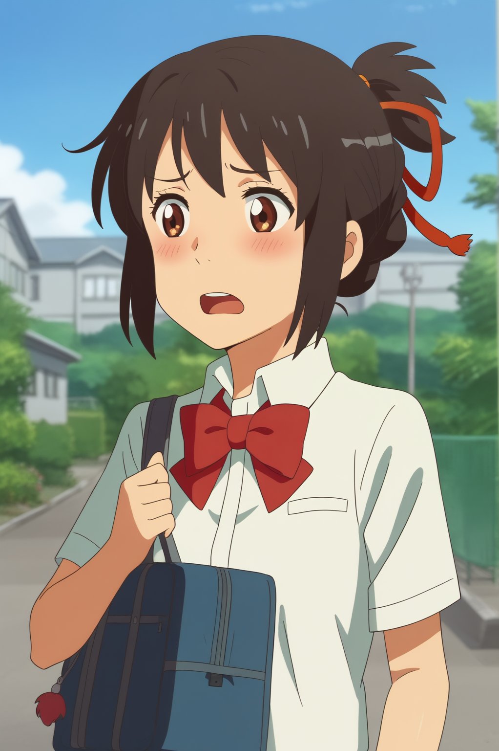 <lora:Mitsuha_Miyamizu:0.8>, Mitsuha Miyamizu, 1girl, solo, blush, open mouth, shirt, bow, ribbon, school uniform, white shirt, upper body, hair ribbon, ponytail, outdoors, sky, day, bowtie, bag, red bow, red ribbon, red bowtie, school bag