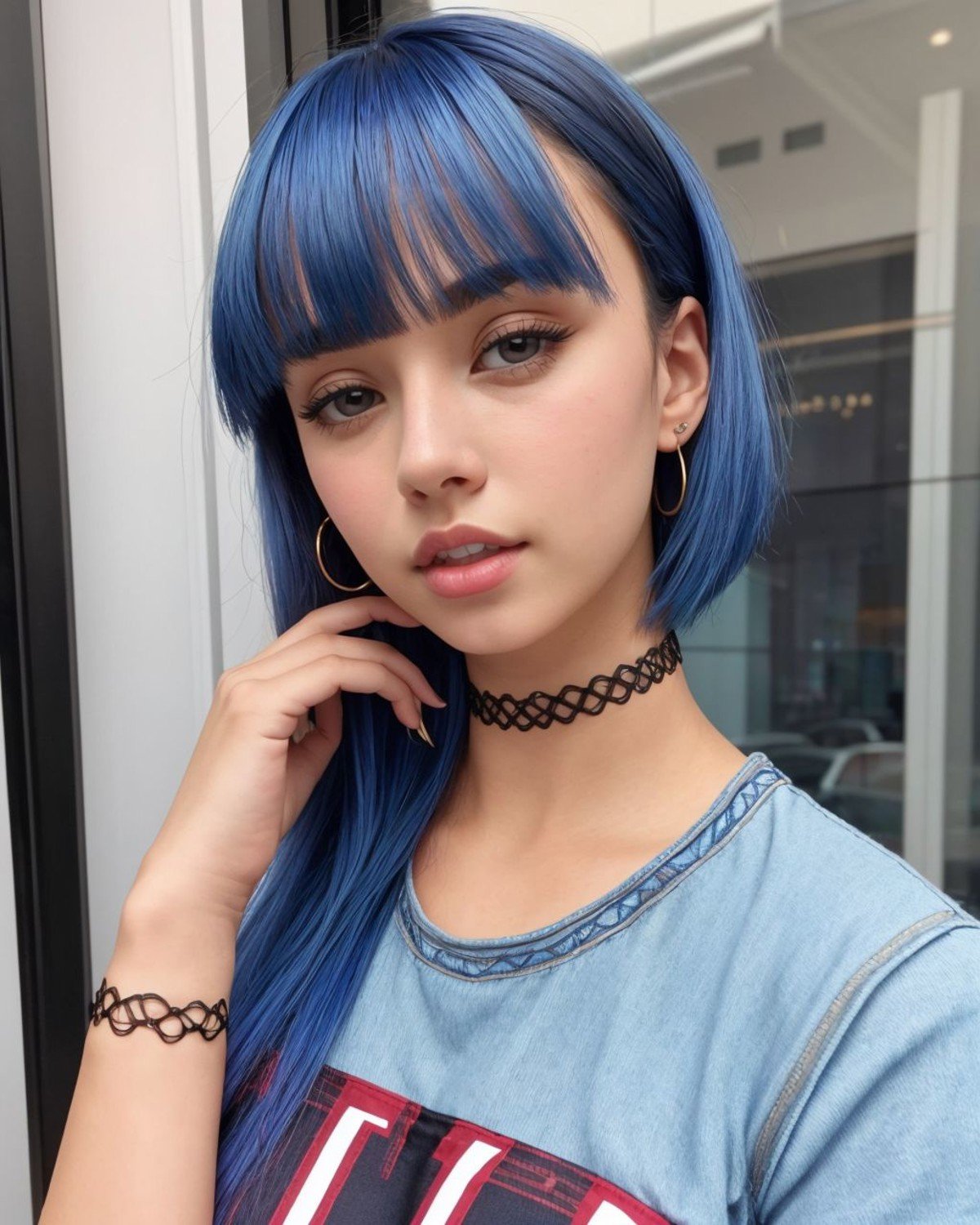 <lora:black_tattoo_choker_0.2:1>photo of a woman, ice blue lone nape hair, fanged bangs, a denim top, shorts, choker, highly detailed, hyper realistic texture human skin