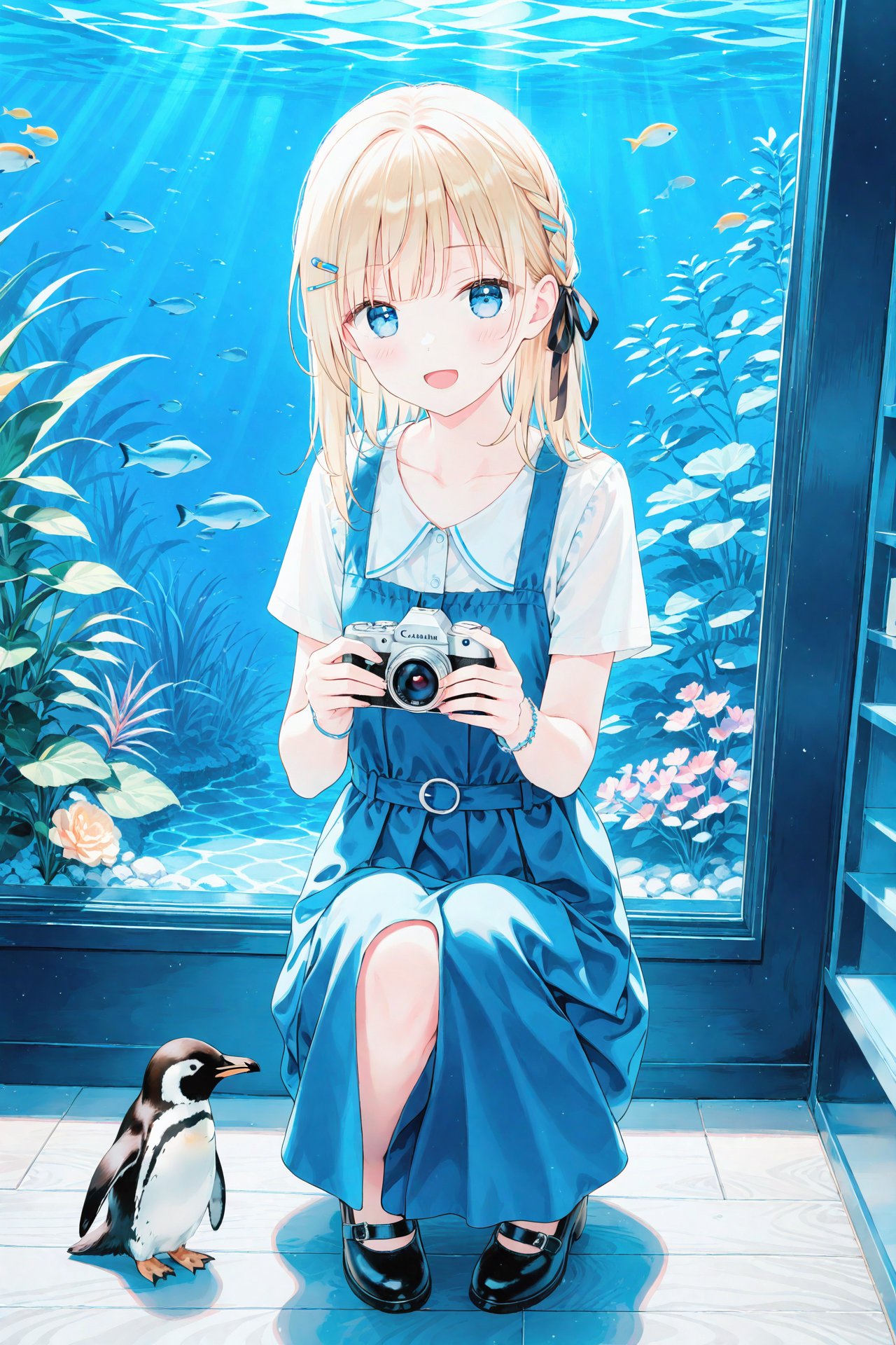 masterpiece,best quality,illustration,ultra detailed,hdr,Depth of field,(colorful),[Artist chen bin],Artist hiten (hitenkei),camera,penguin,1girl,holding camera,bird,open mouth,white shirt,short sleeves,dress,shirt,holding,hair ribbon,smile,ribbon,braid,hair ornament,solo,black ribbon,blonde hair,animal,squatting,collarbone,sleeveless dress,:d,blue dress,plant,sleeveless,hairclip,blue eyes,looking at viewer,sitting,taking picture,long hair,aquarium,pinafore dress,medium hair,bracelet,