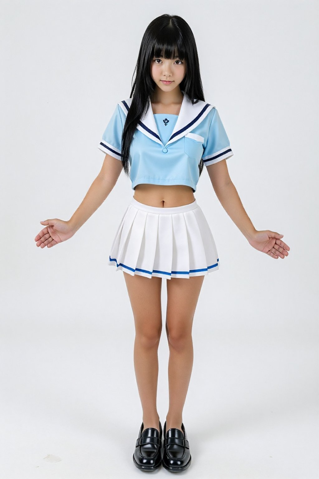 A full-length studio portrait features a young woman with long,  straight black hair and bangs,  standing centered against...