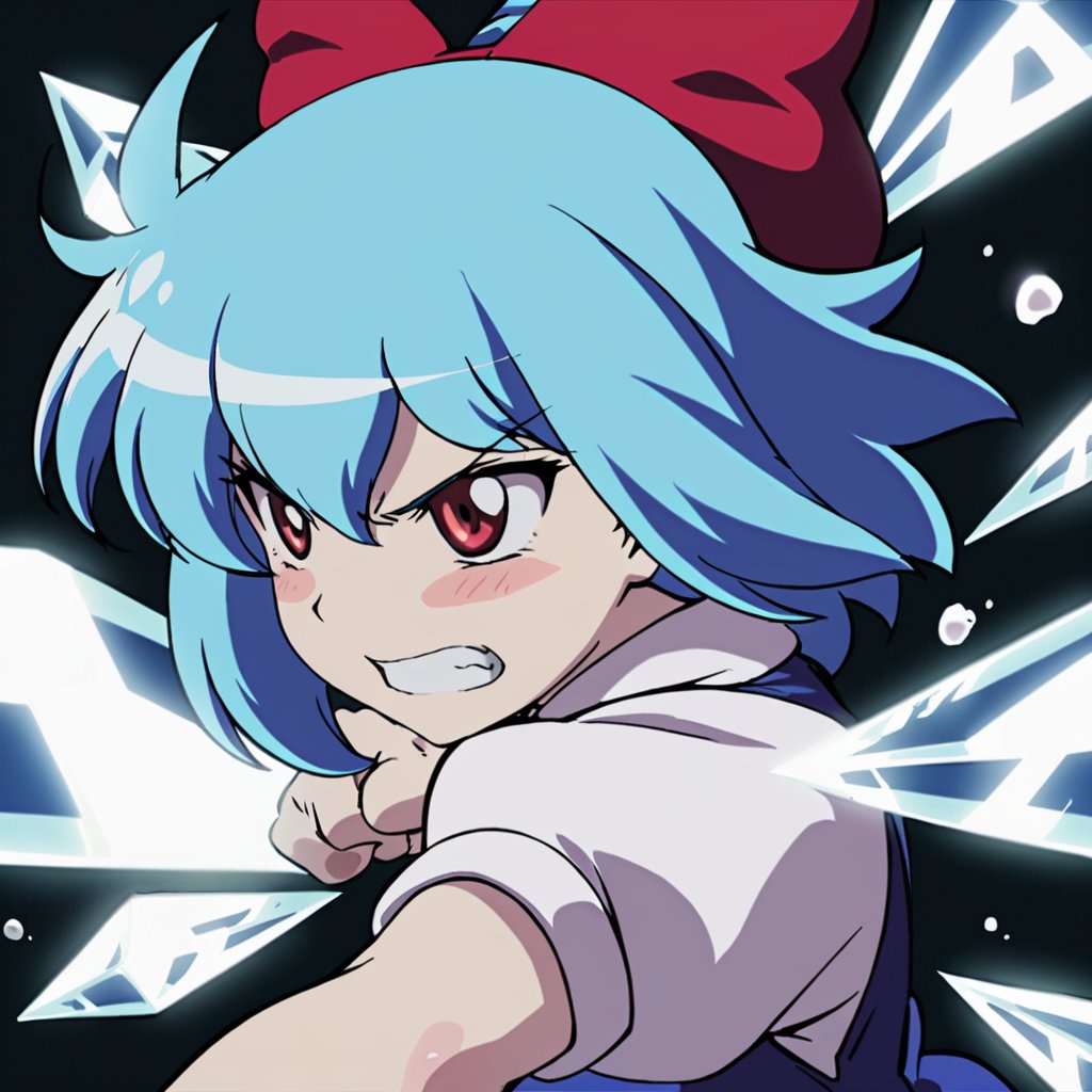 masterpiece, best quality, <lora:tgm-xl-a3.1:1>,pixiv,1girl,cirno touhou, upper body, clenched teeth,ice wings