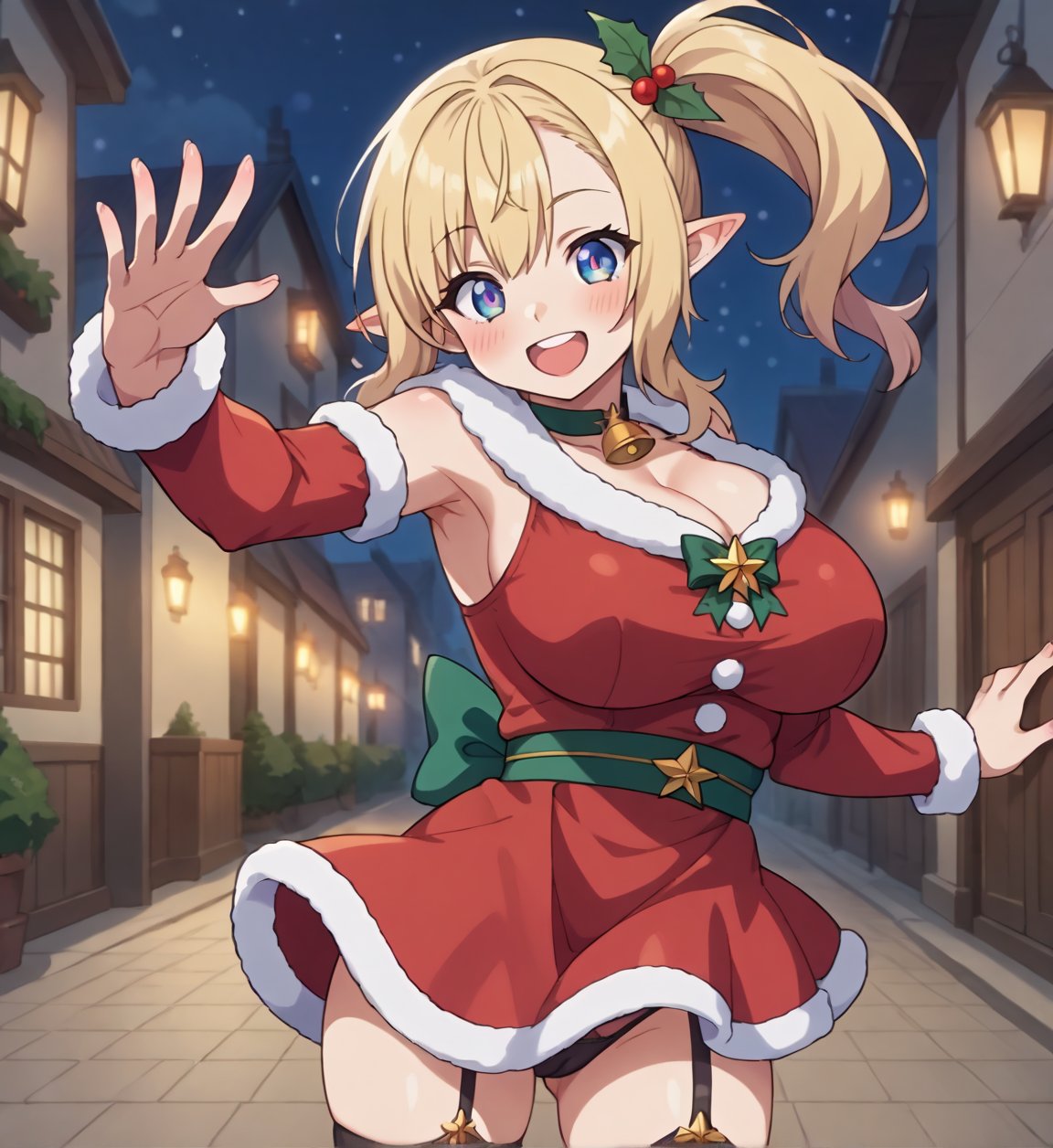 score_9, score_7_up, BREAK source_anime, 1girl,solo,side ponytail,blonde hair,pointy ears,light blue gradation eyes,red Santa Claus, (impossible clothes),<lora:set_Mana_v1:0.7> mana,smile ,standing,large breasts,blush,outdoors