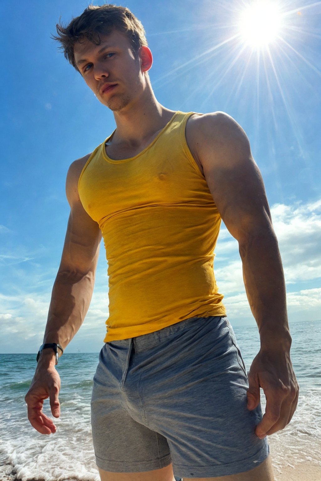 <lora:JeorgV3:1> (Jeorg), (1boy) photorealistic candid still, swim shorts,((tank top, muscle shirt)), fully clothed, (cute fit 19 year old twink), thin but fit build, skinny waist, zero percent body fat, vascularity, blue eyes, clean shaven, smooth everywhere, sun shinning on body, standing on the beach, bulge,  RAW photo, detailed photo, gorgeous, shallow depth of field, bokeh, vibrant saturated color, volumetric lighting, iridescent skin, (surreal:0.4), hyper detailed photorealistic life-like accurate proportional 8k sharp focus, (accurate cinematic lighting), photorealistic detail, (selective focus:0.6)   <lora:add_detail:0.8>