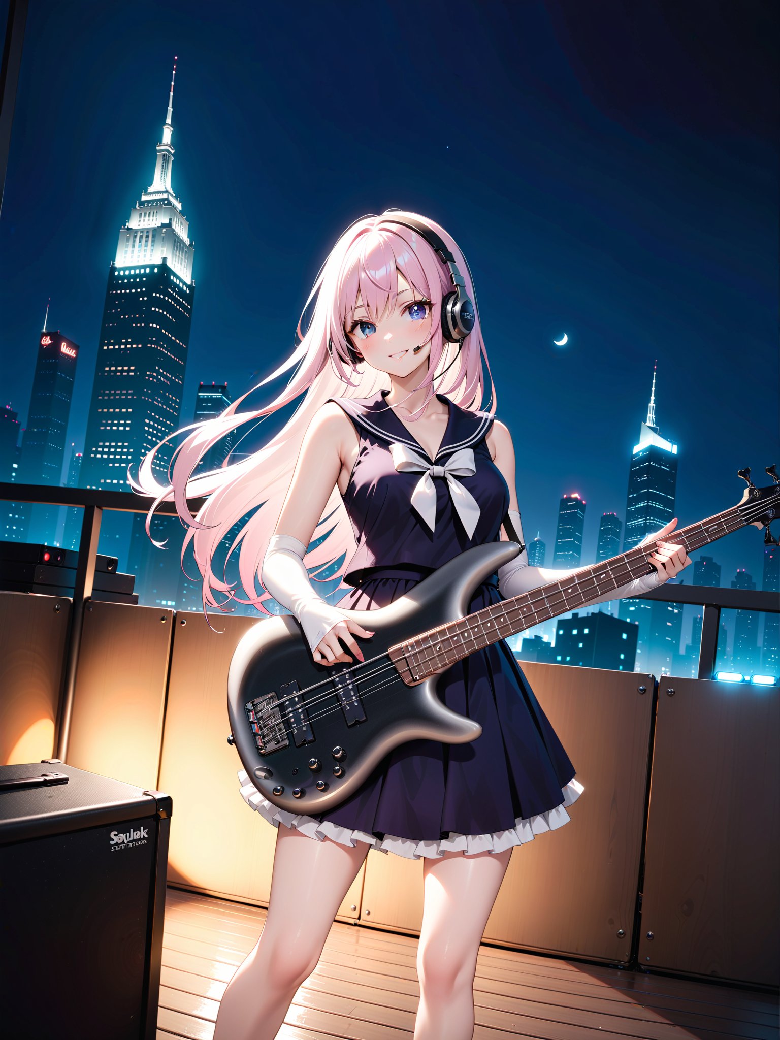 1lady playing bass guitar,beautiful eyes,long hair,sailor fuku,big breast,whiteelbow gloves,smile,lovestruck,earphone,rooftop,city,skyscraper,skyline,night sky,cinematic angle,speaker,amplifier,<lora:ibanez-SR-bass-sdxl-000008 (1):1>,