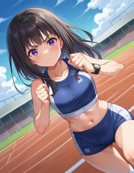 score_9, score_8_up, score_7_up, source_anime, takinainoue, <lora:takina-inoue-ponyxl-lora-nochekaiser:1>, inoue takina, long hair, bangs, black hair, purple eyes, crop top, white socks, buruma, sports bra, sportswear, wristwatch, sports bikini, outdoors, track and field, stadium, running, sweat, sweatdrop, looking at viewer, cowboy shot, dutch angle, dynamic pose,