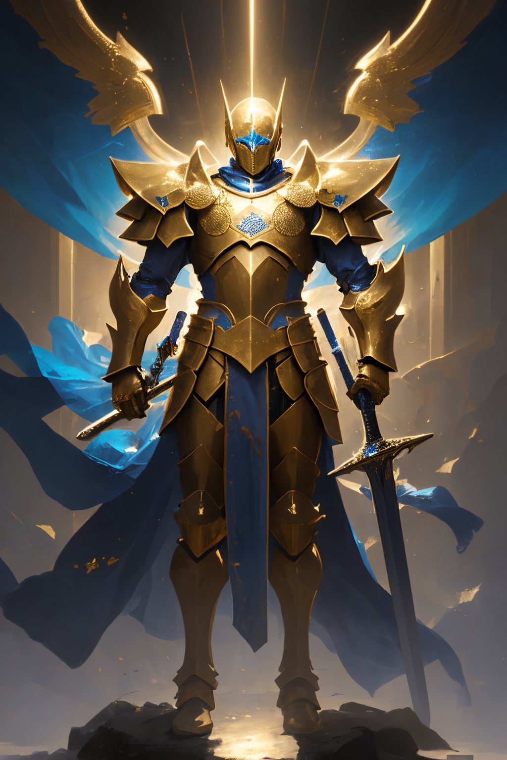 jjtsqs01,armor,weapon,solo,sword,shoulder armor,1boy,pauldrons,full armor,standing,blue cape,holding sword,gold armor,full body,<lora:jjsq1.51:0.8>,