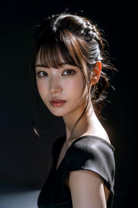 Best quality, masterpiece, ultra high res, (photorealistic:1.4), raw photo,1girl, solo, realistic, looking at viewer, parted lips,simple background, upper body, black dress, <lora:makina69_kaedekaren_v2.0:1>, bright lighting, softbox lighting