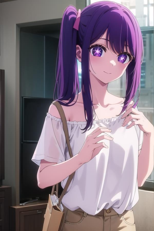 aihoshino, <lora:ai hoshino s1-lora-nochekaiser:1>,ai hoshino, long hair, bangs, (purple eyes:1.1), purple hair, (symbol-shaped pupils:1.5), smile,BREAK side ponytail, shirt, white shirt, collarbone, off shoulder, bra strap, shorts, pink shorts,BREAK indoors, concert, stage,BREAK looking at viewer, (cowboy shot:1.5),BREAK <lyco:GoodHands-beta2:1>, (masterpiece:1.2), best quality, high resolution, unity 8k wallpaper, (illustration:0.8), (beautiful detailed eyes:1.6), extremely detailed face, perfect lighting, extremely detailed CG, (perfect hands, perfect anatomy),