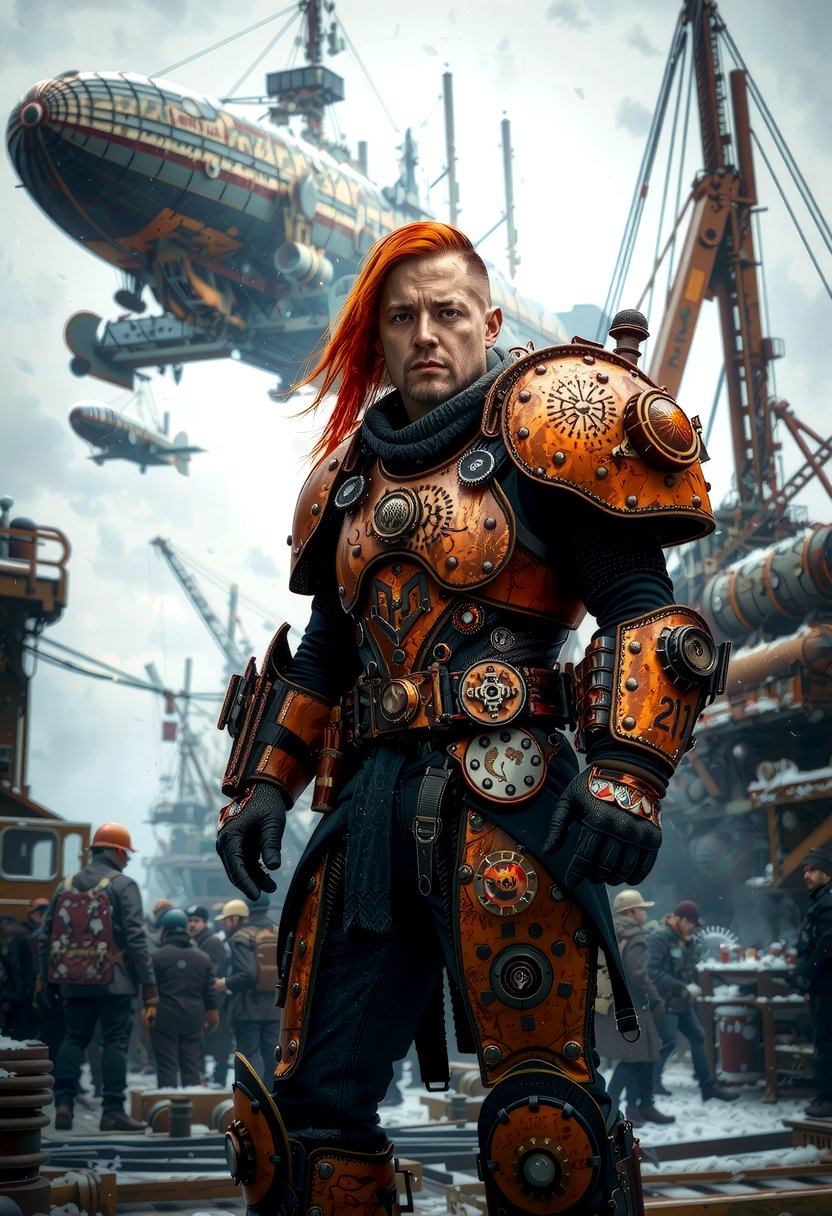 dieselpunk style middle-aged retro-futuristic vibe male (XY) character,  Slim build,  extra long Half Shaved hair red hair...