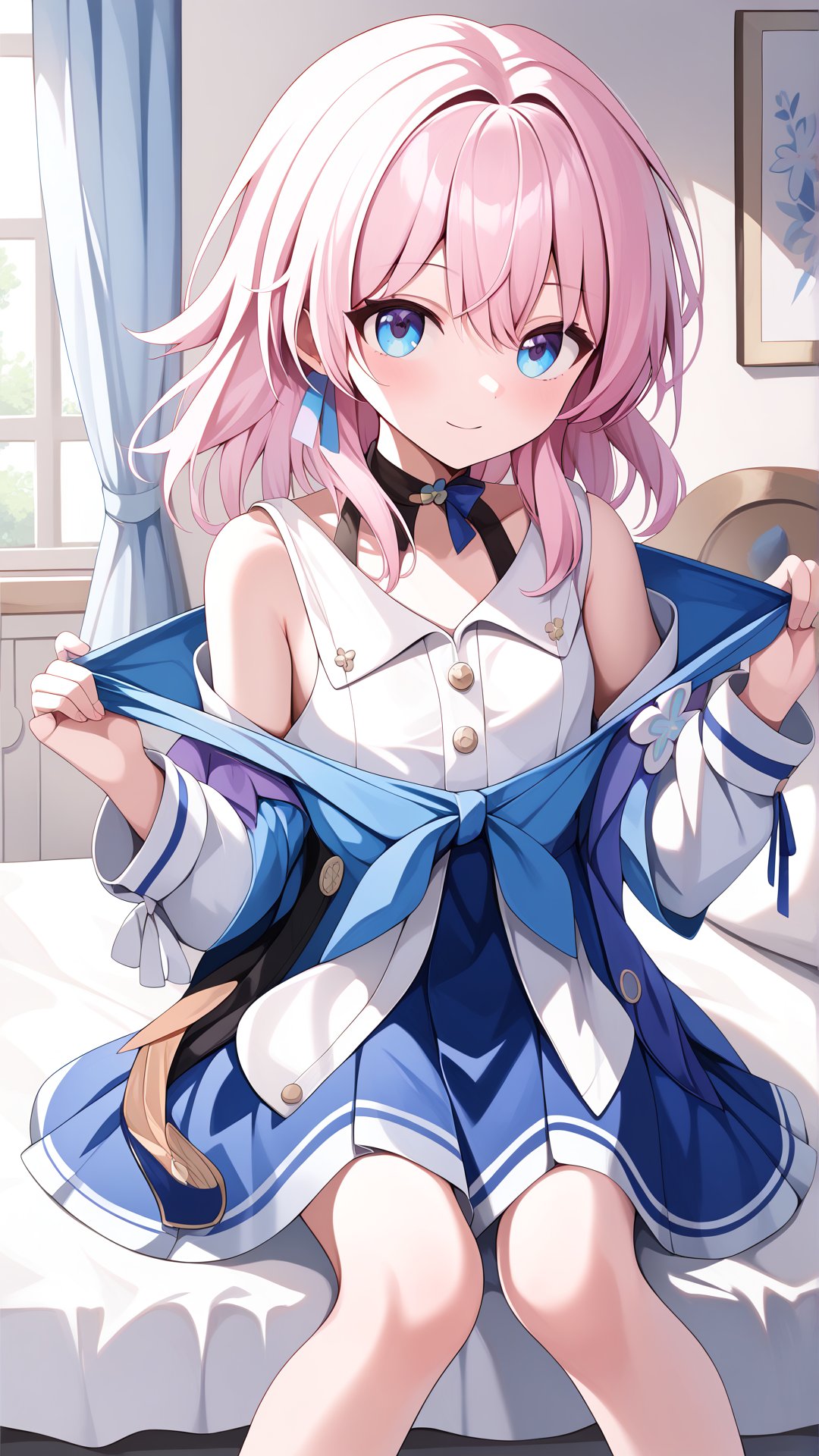 Score_9, best quality, White blouse, March7, blue skirt, Pink hair, Cute, Medium chest, masterpiece, Medium hair, <lora:march7:0.9>, Gradient eyes, Undressing dress, Blue eyes