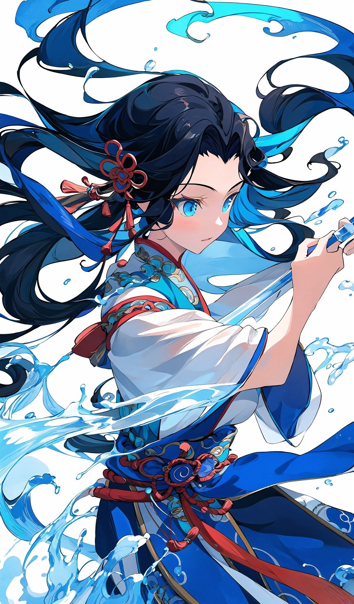 mty,Masterpiece, 1girl, close up, wear blue hanfu, Chinese Traditional cloth, ((holding a water sword,)) long black hair, hair braid, blue wave background, water effect, ink painting style, dynamic pose, battle pose