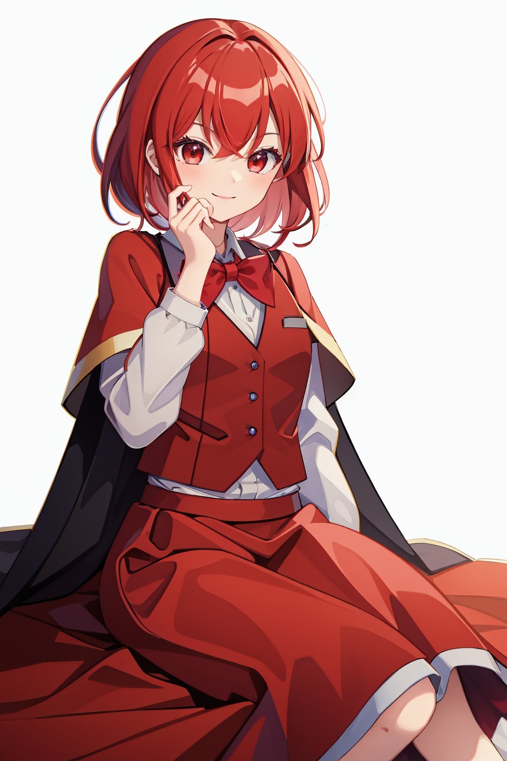 masterpiece,best quality, highly detailed, okazaki yumemi,1girl,red capelet,solo,red bowtie,red vest,red skirt,looking at viewer,long sleeves,white shirt,smile<lora:okazaki_yumemi:1>,simple background,white background