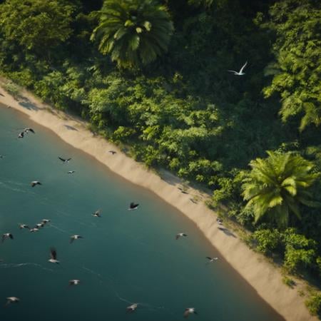 cinematic film still of In the African jungle a painting of a river with birds flying around it,  cartoon,  anime by user_...