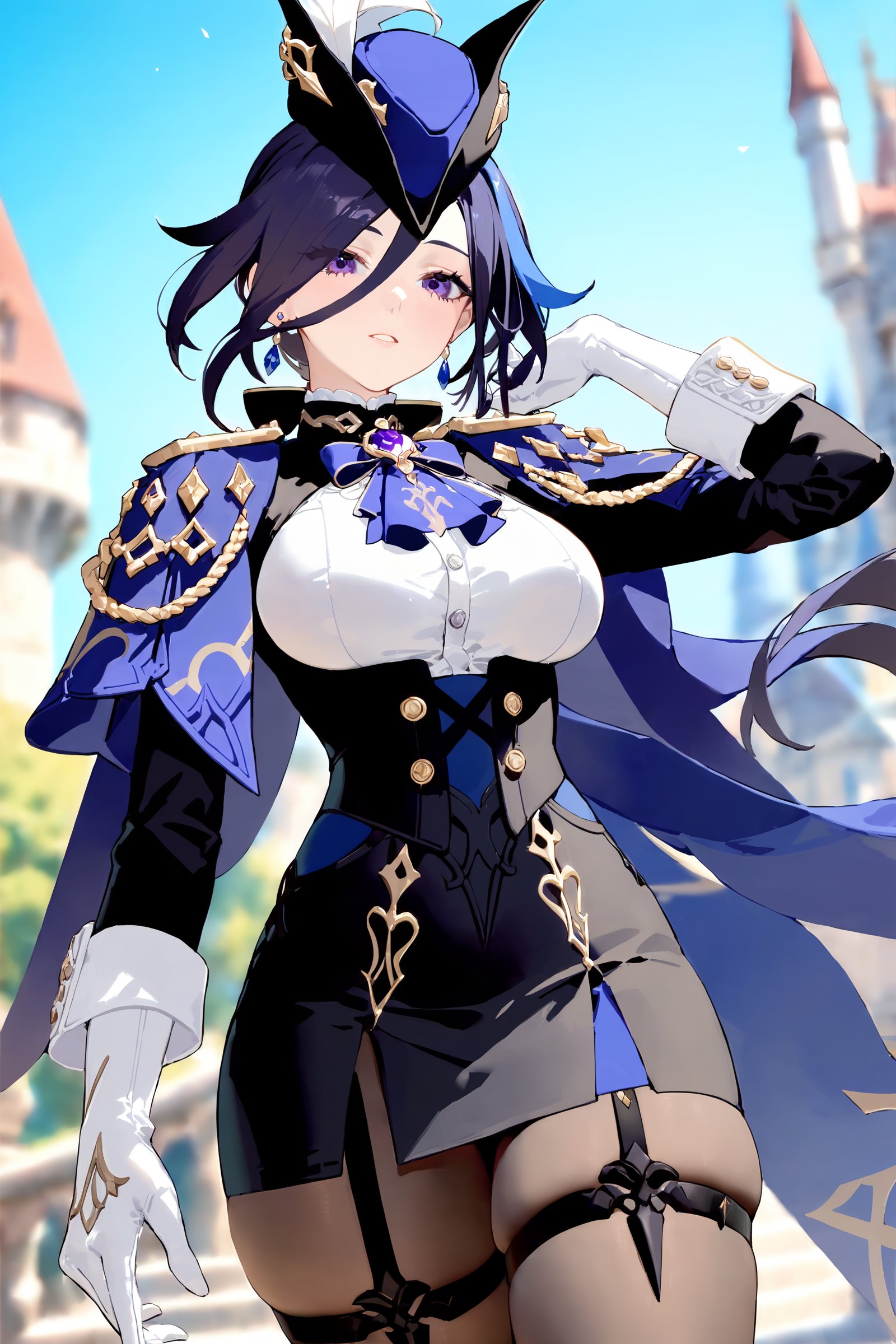 masterpiece, best quality, perfect features, intricate details, ray tracing, newest,(hitenkei, askzy:0.4), 1girl, clorinde \(genshin impact\), tricorne, black pantyhose, earrings, blue cape, white gloves, pencil skirt, white shirt, thigh strap, underbust, ascot, black jacket, depth of field, cowboy shot, hand in own hair, looking at viewer, parted lips, floating hair, outdoors, castle <lora:quality1:0:hr=1>,  <lora:Char-Genshin-Clorinde-XL-V1:0.9>