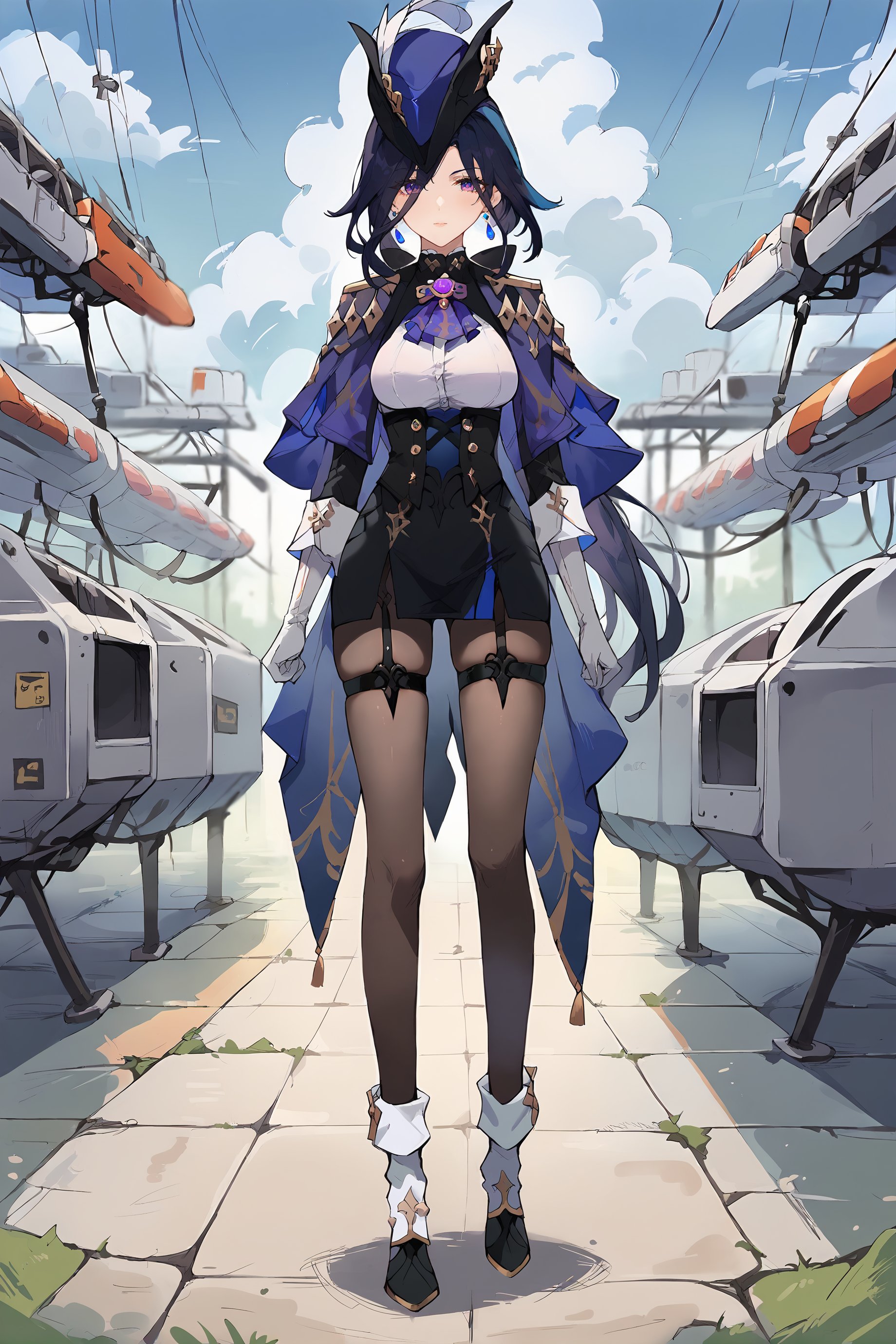 score_9, score_8_up, score_7_up, source anime, 1girl, clorinde \(genshin impact\), tricorne, black pantyhose, earrings, blue cape, white gloves, pencil skirt, white shirt, thigh strap, underbust, ascot, fold-over boots, black jacket, factory, outdoors, depth of field, full body, looking at viewer, walking <lora:Char-Genshin-Clorinde-Pony-V1:0.9>   <lora:mikozin__Blue_archive_style:0.7>