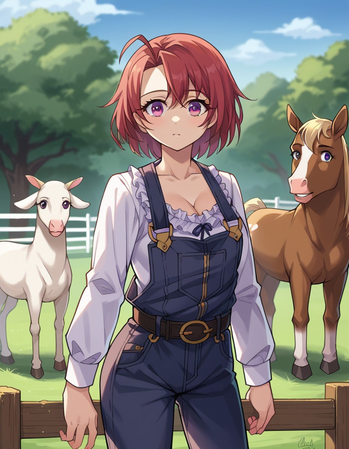 score_9, score_8_up, score_7_up, source_anime,cowgirl, <lora:cow-girl-ponyxl-lora-nochekaiser:1>,cow girl, ahoge, red hair, purple eyes, short hair,cleavage, collarbone, frills, long sleeves, overalls, suspenders,outdoors, farm, cows, chickens, goats, horse,looking at viewer, cowboy shot, dynamic pose,