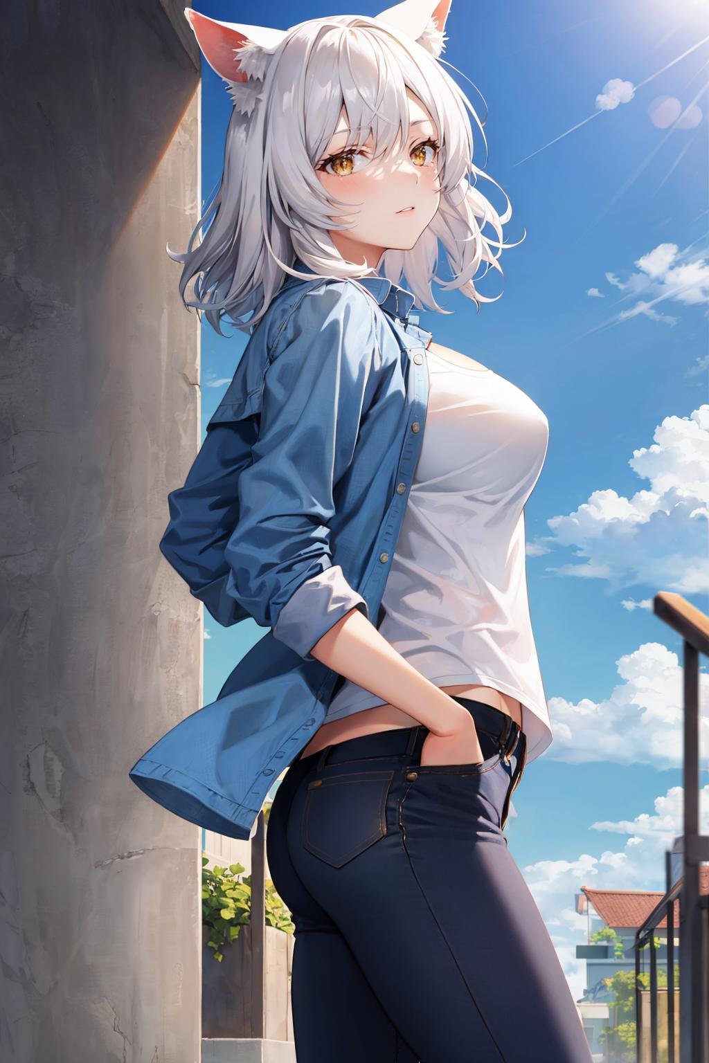 masterpiece, best quality, <lora:blkhanekawa-nvwls-v1-000009:0.9> blkhanekawa, short hair, cat ears, slit pupils, large breasts, blue jacket, white shirt, jeans, hands in pockets, from side, looking at viewer, sky, clouds