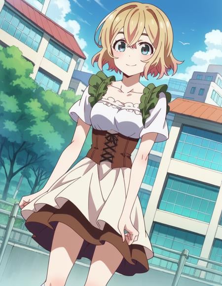 score_9, score_8_up, score_7_up, source_anime,maminanami, <lora:mami-nanami-s1-ponyxl-lora-nochekaiser:1>mami nanami, short hair, aqua eyes, blonde hair, hair between eyes,skirt, shirt, collarbone, white shirt, short sleeves, frills, shoes, socks, white socks, corset,outdoors, cityscape, smile,looking at viewer, dutch angle, cowboy shot