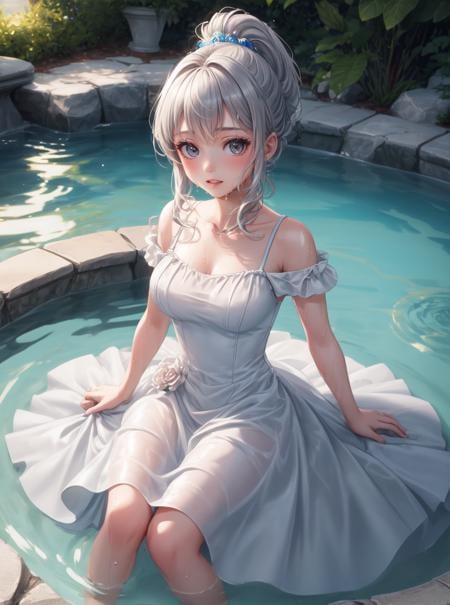 8k, masterpiece, highly detailed, high quality,1girl wearing a (princess dress), <lora:princess_dress-SD-2.0:1>,gray hair Bubble Ponytail,pool, swimming, partially submerged, wet clothes