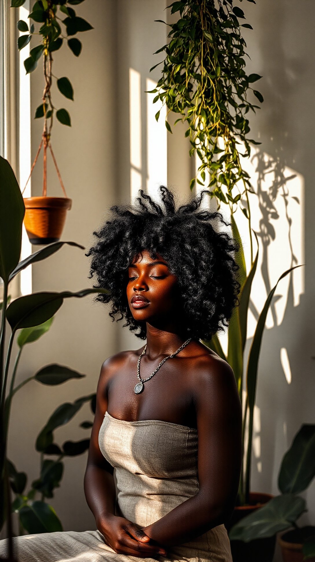 A serene medium shot of a beautiful black-skinned woman with a stylish afro hairstyle, meditating peacefully in a sunlit room adorned with plants, soft shadows creating a tranquil ambiance around her <lora:Ebony_Beauties:1>