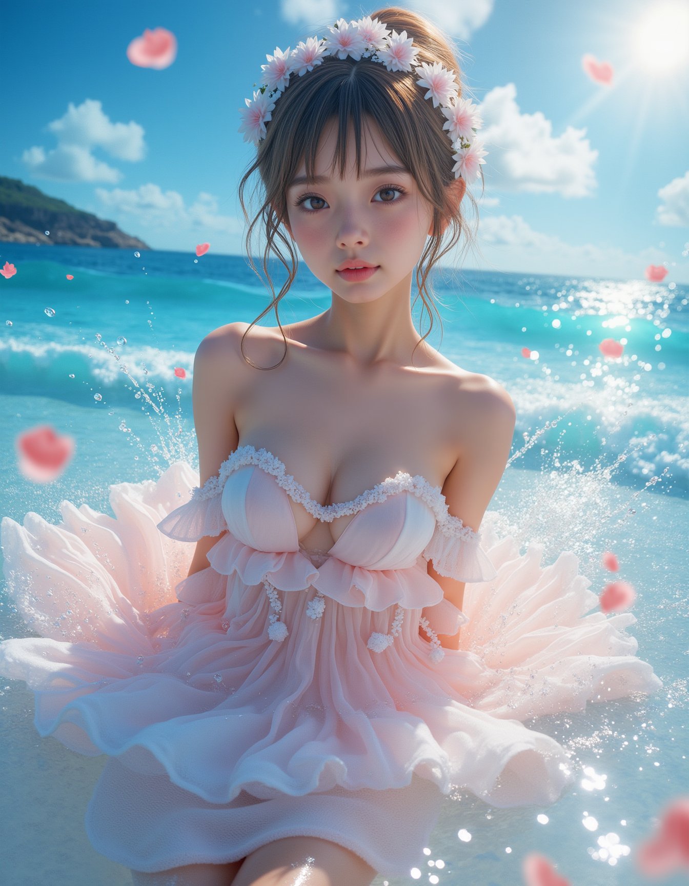 masterpieces, best quality, 1girl, upper body, sea beach, glow effect, detailed background, beautiful detailed water, beautiful detailed sky, beautiful detailed sea, detailed light, extremely delicate and beautiful girl, blue bubble, splash, wet body, fluttered detailed splashes, draped of fluttered fabric, fluttered detailed cloud, intricate detail, young girl, floating hair, flowers, sunlight, charming smile, surrounded by floating petal, glossy, raytracing, depth of field, detailed waves, reflective, crystalized, lens flare, looking at viewer, medium breasts, blushing, slim, medium buttock, detailed realistic shadow, sheen, shiny eyes, (fisheye lens)  <lora:hinaFluxAsianMixLora_v2-rev4:0.8>