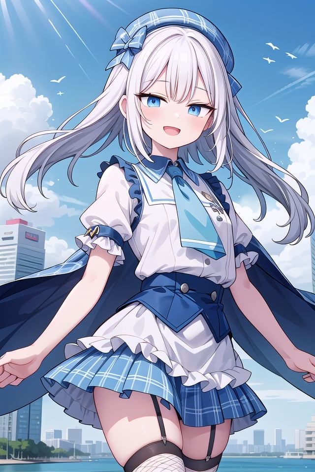 (cleavage:-1.5), insanely detailed, absurdres, ultra-highres, ultra-detailed, best quality,1girl, solo, nice hands, perfect hands,BREAK(gothic drress, Idol costume:1.3), (blue and white theme:1.2), (white blouse:1.4), (white collar, tie:1.3), (open short-cape:1.3), (short sleeve:1.2), (blue tartan-check pattern (ruffle-skirt, multilayer-skirt):1.4), (white basque-beret with ribbon:1.3), (Fishnet stockings:1.3), (glove:1.2), (cleavage:-1.5)BREAKhappy smile, laugh, open mouth,standing,own hands together,cowboy shot,BREAKslender, kawaii, perfect symmetrical face, ultra cute girl, ultra cute face, ultra detailed eyes, ultra detailed hair, ultra cute, ultra beautiful,BREAKcityscape in tokyo, ultra detailed background, blue sky, bay side, panorama view,medium breasts, white hair, blue eyes