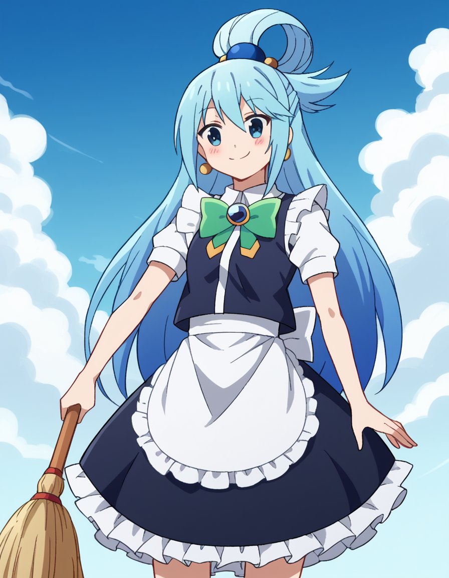 score_9, score_8_up, score_7_up, source_anime, konosubaaqua, <lora:konosuba-aqua-s2-ponyxl-lora-nochekaiser:1>, aqua (konosuba), long hair, blue eyes, hair ornament, very long hair, blue hair, hair rings, single hair ring, hair bobbles,, <lora:kirisame-marisa-cosplay-ponyxl-lora-nochekaiser:1>, kirisamemarisacosplay, kirisame marisa \(cosplay\), apron, black dress, black hat, black vest, dress, earrings, frilled dress, frills, green bow, hat, jewelry, maid apron, shirt, short sleeves, vest, white apron, white bow, white shirt, witch hat, yin yang, yin yang orb,, outdoors, sky, blue sky, clouds, blush, broom, brood riding, smile,, cowboy shot, dutch angle, solo,